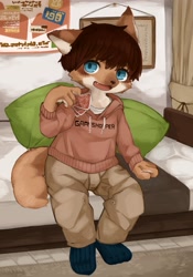Size: 2081x2970 | Tagged: safe, artist:kintubaovo, anthro, boy, cub, male, plantigrade, solo boy, solo cub, solo male, young, 2022, bed, black hair, blue eyes, brown fur, clothing, fang, fur, hoodie, kemono, kemoshota, looking at you, solo, tan fur