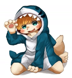 Size: 1429x1539 | Tagged: safe, artist:kintubaovo, canid, mammal, anthro, boy, cub, male, plantigrade, solo boy, solo cub, solo male, young, blonde hair, cyan eyes, fur, hair, hood up, kemono, kemoshota, kigurumi, solo, tan fur