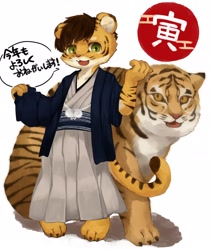 Size: 1900x2261 | Tagged: safe, artist:kintubaovo, big cat, felid, mammal, tiger, anthro, boy, cub, feral, male, plantigrade, young, chinese new year, holiday, year of the tiger, brown hair, chinese zodiac, claws, dialogue, duo, fur, japanese text, kemono, kemoshota, kimono, yellow fur