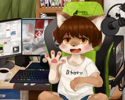 Size: 2500x2000 | Tagged: safe, artist:kintubaovo, canid, mammal, anthro, boy, cub, male, solo boy, solo cub, solo male, young, blushing, brown eyes, brown fur, brown hair, clothing, computer, computer monitor, fingers, fur, gesture, kemono, kemoshota, keyboard, microphone, pawpads, shirt, solo, waving