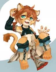 Size: 1841x2374 | Tagged: safe, artist:kintubaovo, teo, felid, feline, lion, anthro, boy, cub, male, plantigrade, solo boy, solo cub, solo male, young, world flipper, brown hair, fur, green eyes, hair, kemono, kemoshota, navel, orange hair, solo, tan fur, white fur, yellow fur
