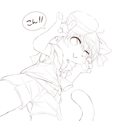 Size: 2399x2415 | Tagged: safe, artist:kintubaovo, felid, anthro, boy, cub, male, solo boy, solo cub, solo male, young, lines, monochrome, blushing, fur, hat, kemono, kemoshota, looking at you, precum, solo