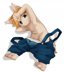 Size: 2338x2624 | Tagged: suggestive, artist:kintubaovo, canid, mammal, anthro, boy, cub, male, plantigrade, solo boy, solo cub, solo male, young, 2021, blonde hair, clothing, fur, hair, kemono, kemoshota, looking at you, lying, solo, topless, white fur