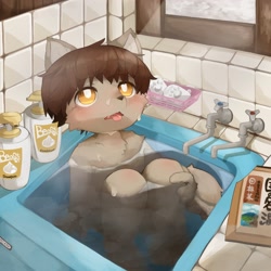 Size: 2500x2500 | Tagged: safe, artist:kintubaovo, canid, mammal, anthro, boy, cub, male, plantigrade, solo boy, solo cub, solo male, young, 2021, amber eyes, bath, bathing, blushing, fur, kemono, kemoshota, kitchen, nudity, sink, solo