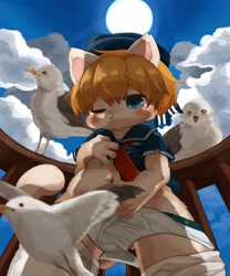 Size: 2500x3000 | Tagged: suggestive, artist:kintubaovo, bird, gull, anthro, boy, cub, feral, male, plantigrade, solo boy, solo cub, solo male, young, blonde hair, blue eyes, clothing, convenient censorship, fur, hair, hat, kemono, kemoshota, one eye closed, sailor outfit, solo, tan fur, underwear