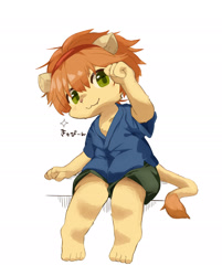 Size: 2217x2759 | Tagged: safe, artist:kintubaovo, felid, lion, anthro, boy, cub, male, plantigrade, solo boy, solo cub, solo male, young, brown hair, fur, green eyes, kemono, kemoshota, solo, yellow fur