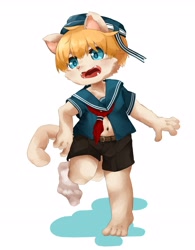 Size: 2317x2970 | Tagged: safe, artist:kintubaovo, felid, anthro, boy, cub, male, plantigrade, solo boy, solo cub, solo male, young, blonde hair, blue eyes, fang, fur, hair, kemono, kemoshota, navel, sailor outfit, socks, solo, tan fur