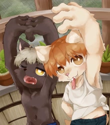 Size: 2500x2840 | Tagged: safe, artist:kintubaovo, canid, felid, mammal, anthro, boy, boys only, cub, cubs only, male, males only, young, amber eyes, black fur, clothing, duo, fur, kemono, kemoshota, topless, white fur