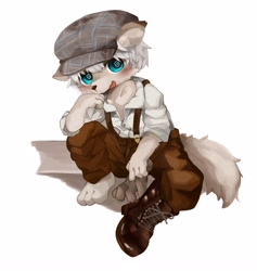 Size: 2370x2500 | Tagged: safe, artist:kintubaovo, canid, mammal, anthro, boy, cub, male, plantigrade, solo boy, solo cub, solo male, young, blue eyes, blushing, boots, fur, gray fur, gray hair, kemono, kemoshota, looking at you, shoes, solo, suspenders