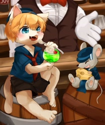 Size: 2000x2369 | Tagged: safe, artist:kintubaovo, felid, mammal, mouse, rodent, adult, adult/cub, adult/young, anthro, boy, cub, cubs only, male, males only, plantigrade, young, 2021, age difference, blonde hair, blue eyes, blushing, clothing, eating, faceless character, faceless male, fur, hair, holding food, ice cream, solo focus, white fur