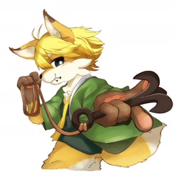Size: 2349x2394 | Tagged: safe, artist:kintubaovo, canid, fox, mammal, anthro, boy, cub, male, solo boy, solo cub, solo male, young, blonde hair, bottomless, clothing, fur, hair, kemono, kemoshota, solo, white fur, yellow fur