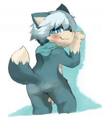 Size: 2028x2404 | Tagged: safe, artist:kintubaovo, canid, mammal, anthro, boy, male, plantigrade, solo boy, solo male, young, blushing, butt, fur, green fur, hair, presenting, solo, white hair