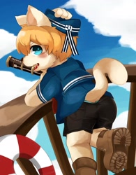 Size: 1749x2244 | Tagged: safe, artist:kintubaovo, cat, felid, anthro, boy, cub, male, plantigrade, solo boy, solo cub, solo male, young, blonde hair, blue eyes, blushing, boat, boots, fur, hair, hat, kemono, kemoshota, looking at you, open mouth, outdoors, sailor outfit, shoes, solo