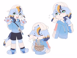 Size: 4000x3000 | Tagged: safe, artist:xiao langao, oc:xiao langao, anthro, boy, cub, male, plantigrade, solo boy, solo cub, solo male, young, blushing, clothing, eating, eyes closed, fur, hat, hoodie, kemono, kemoshota, multiple poses, noodles, solo