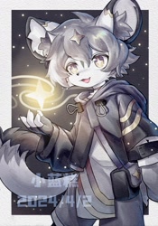 Size: 1908x2732 | Tagged: safe, artist:xiao langao, anthro, boy, cub, male, solo boy, solo cub, solo male, young, colored, 2024, detailed background, fur, kemono, kemoshota, magic, solo, starry sky