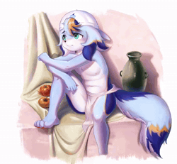 Size: 778x720 | Tagged: suggestive, artist:xiao langao, oc:xiao langao, anthro, boy, cub, male, plantigrade, solo boy, solo cub, solo male, young, animation, loop, blue fur, blue hair, blushing, claws, clothing, fur, green eyes, hair, hat, kemono, kemoshota, nipples, orange fur, orange hair, pawpads, short playtime, solo, topless, towel, towel around waist, video, white fur