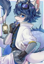 Size: 2490x3600 | Tagged: suggestive, artist:xiao langao, dragon, eastern dragon, mythological creature, anthro, boy, male, slender, solo boy, solo male, solo teen, teen, twink, young, blue eyes, blushing, butt, fur, goggles, goggles on head, looking at you, solo