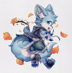 Size: 2724x2732 | Tagged: safe, artist:xiao langao, canid, mammal, anthro, boy, cub, male, solo boy, solo cub, solo male, young, blue eyes, clothing, fur, hoodie, looking at you, running, shorts, solo