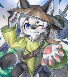 Size: 3167x3600 | Tagged: safe, artist:xiao langao, canid, mammal, anthro, boy, cub, male, solo boy, solo cub, solo male, young, traditional, black fur, blue eyes, blushing, claws, fur, hair, hat, pawpads, paws, ponytail, reaching out, solo, sword, weapon, white fur, white hair, winking
