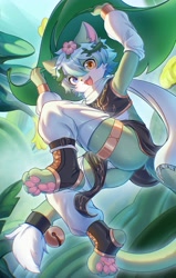 Size: 2606x4096 | Tagged: safe, artist:xiao langao, anthro, boy, cub, male, plantigrade, solo boy, solo cub, solo male, young, amber eyes, blue eyes, butt, claws, fur, green fur, hair, heterochromia, pawpads, paws, solo