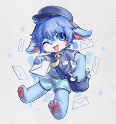 Size: 2552x2732 | Tagged: safe, artist:xiao langao, canid, mammal, anthro, boy, cub, male, plantigrade, solo boy, solo cub, solo male, young, blue eyes, blue fur, blue hair, blushing, fur, hair, mail, shorts, shoulder bag, solo, white fur, winking