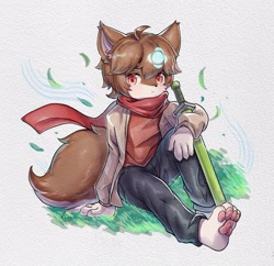 Size: 3274x3165 | Tagged: safe, artist:xiao langao, canid, mammal, anthro, boy, cub, male, plantigrade, solo boy, solo cub, solo male, young, traditional, blue eyes, blue fur, blue hair, blushing, brown eyes, fur, hair, shorts, solo, sword, weapon, white fur, winking