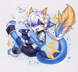 Size: 3305x3084 | Tagged: safe, artist:xiao langao, canid, dragon, hybrid, mammal, mythological creature, anthro, boy, cub, male, plantigrade, solo boy, solo cub, solo male, young, traditional, amber eyes, blue eyes, blue fur, blue hair, blushing, brown eyes, fur, hair, hat, magic, magician, playing cards, shorts, solo, sword, weapon, white fur, winking