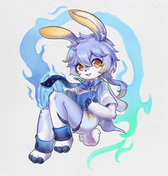 Size: 1599x1671 | Tagged: safe, artist:xiao langao, lagomorph, mammal, rabbit, anthro, boy, cub, male, plantigrade, solo boy, solo cub, solo male, young, amber eyes, blue fur, blue hair, earring, fur, hair, kemono, kemoshota, looking at you, solo, white fur