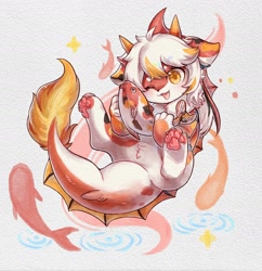 Size: 1599x1651 | Tagged: safe, artist:xiao langao, dragon, fish, koi, mythological creature, anthro, boy, cub, feral, male, plantigrade, solo boy, solo cub, solo male, young, amber eyes, earring, fur, kemono, kemoshota, looking at you, solo, solo focus