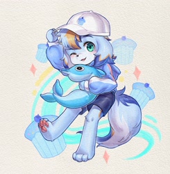 Size: 3041x3107 | Tagged: safe, artist:xiao langao, oc:xiao langao, canid, dog, mammal, anthro, boy, cub, male, plantigrade, solo boy, solo cub, solo male, young, clothing, floppy ears, fur, green eyes, hat, hoodie, plushie, shorts, solo, winking