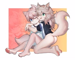 Size: 4096x3313 | Tagged: suggestive, artist:xiao langao, canid, mammal, anthro, anthro/anthro, boy, boys only, cub, cubs only, male, male/male, males only, plantigrade, young, balls, bottomless, butt, clothing, cuddling, duo, fur, hug, kemono, kemoshota, pawpads, paws