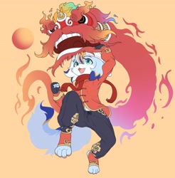Size: 4028x4096 | Tagged: safe, artist:xiao langao, oc:xiao langao, canid, dog, dragon, mammal, mythological creature, anthro, boy, cub, male, plantigrade, solo boy, solo cub, solo male, young, chinese new year, colored, flat colored, clothing, fur, green eyes, hat, lion dance, solo