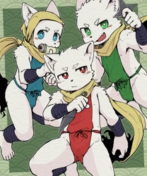 Size: 1684x2026 | Tagged: safe, artist:dark_ishihara, canid, mammal, anthro, boy, boys only, cub, cubs only, male, males only, plantigrade, young, digital, blue eyes, blushing, dagger, fur, green eyes, group, kemono, kemoshota, ninja, red eyes, scarf, weapon, white fur