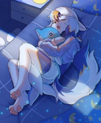 Size: 3398x4096 | Tagged: safe, artist:xiao langao, oc:xiao langao, canid, dog, mammal, anthro, boy, cub, male, plantigrade, solo boy, solo cub, solo male, young, bed, bedroom, blue fur, blue hair, clothing, eyes closed, fur, hair, hat, hoodie, orange fur, orange hair, pawpads, paws, shorts, sleeping, solo, white fur