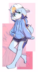 Size: 1646x3119 | Tagged: safe, artist:xiao langao, oc:xiao langao, canid, dog, mammal, anthro, boy, cub, male, solo boy, solo cub, solo male, young, digital, blue fur, blue hair, clothing, fur, hair, hat, hoodie, orange fur, orange hair, shorts, solo