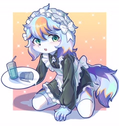 Size: 3887x4096 | Tagged: safe, artist:xiao langao, oc:xiao langao, canid, dog, mammal, anthro, boy, cub, femboy, male, solo boy, solo cub, solo male, young, digital, blue fur, blue hair, blushing, fur, green eyes, hair, kemono, kemoshota, maid outfit, orange fur, orange hair, solo, stockings, tears