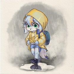 Size: 3600x3600 | Tagged: safe, artist:xiao langao, oc:xiao langao, canid, dog, mammal, anthro, boy, male, plantigrade, solo boy, solo male, young, colored, digital, fully shaded, backpack, ball cap, blue fur, blue hair, fur, green eyes, hair, hat, orange fur, orange hair, raincoat, raining, shorts, solo, water, wet, white fur