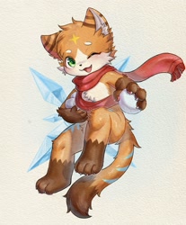 Size: 2259x2732 | Tagged: safe, artist:xiao langao, cat, felid, anthro, boy, cub, male, plantigrade, solo boy, solo cub, solo male, young, colored, digital, fully shaded, fur, green eyes, kemono, kemoshota, nudity, orange fur, scarf, solo, white fur, winking