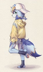 Size: 2046x3433 | Tagged: safe, artist:xiao langao, anthro, boy, male, plantigrade, solo boy, solo male, young, traditional, ball cap, blue fur, blue hair, claws, clothing, fur, green eyes, hair, hat, hoodie, looking at you, orange fur, orange hair, pawpads, paws, shorts, solo, white fur