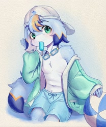 Size: 2993x3600 | Tagged: safe, artist:xiao langao, oc:xiao langao, canid, dog, mammal, anthro, boy, cub, male, solo boy, solo cub, solo male, young, traditional, blue fur, blue hair, eating, fur, goggles, goggles around neck, green eyes, hair, jacket, navel, open jacket, orange fur, orange hair, popsicle, popsicle in mouth, solo, swim trunks, swimsuit, white fur
