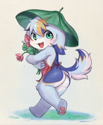 Size: 2984x3600 | Tagged: safe, artist:xiao langao, oc:xiao langao, canid, dog, mammal, anthro, boy, chibi, cub, male, plantigrade, solo boy, solo cub, solo male, young, colored, digital, fully shaded, blushing, butt, flower, fur, green eyes, looking at you, pawpads, solo