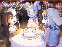 Size: 4096x3094 | Tagged: safe, artist:xiao langao, oc:xiao langao, canid, dog, mammal, mouse, rodent, anthro, boy, boys only, male, males only, solo male, young, colored, digital, fully shaded, amber eyes, ball cap, birthday, birthday cake, blue eyes, cake, clothing, fur, green eyes, group, hat, hoodie, jewelry, necklace, nudity, solo, string lights