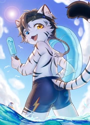 Size: 2942x4096 | Tagged: safe, artist:xiao langao, big cat, felid, mammal, tiger, anthro, boy, cub, male, solo boy, solo cub, solo male, young, colored, digital, fully shaded, amber eyes, black fur, black hair, blue eyes, clothing, fur, hair, heterochromia, holding popsicle, long hair, ponytail, popsicle, solo, striped fur, swimsuit, topless, water, wet, white fur