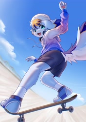 Size: 2894x4096 | Tagged: safe, artist:xiao langao, oc:xiao langao, canid, dog, mammal, anthro, boy, cub, male, plantigrade, solo boy, solo cub, solo male, young, colored, digital, fully shaded, action pose, ball cap, blue fur, blue hair, clothing, fur, hair, hat, hoodie, looking at you, orange fur, orange hair, shorts, skateboard, skateboarding, solo, sports, white fur