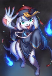Size: 2836x4096 | Tagged: safe, artist:xiao langao, oc:xiao langao, canid, dog, mammal, anthro, boy, cub, male, plantigrade, solo boy, solo cub, solo male, young, halloween, colored, digital, fully shaded, blue fur, blue hair, costume, fang, fur, green eyes, magic, orange fur, orange hair, solo, tongue out, white fur