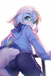Size: 2398x3555 | Tagged: suggestive, artist:xiao langao, oc:xiao langao, canid, dog, mammal, anthro, boy, male, solo boy, solo male, young, colored, digital, fully shaded, blue fur, blue hair, clothing, fur, green eyes, hoodie, looking at you, looking back, looking back at you, looking over shoulder, orange fur, orange hair, solo, white fur