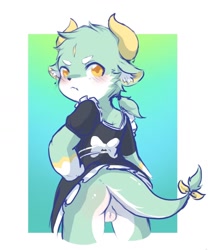 Size: 1320x1584 | Tagged: suggestive, artist:xiao langao, dragon, mythological creature, anthro, boy, cub, male, solo boy, solo cub, solo male, young, colored, digital, fully shaded, anus, balls, blushing, fur, horns, maid outfit, solo