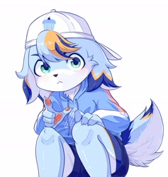 Size: 3070x3245 | Tagged: safe, artist:xiao langao, oc:xiao langao, canid, dog, mammal, anthro, boy, cub, male, solo boy, solo cub, solo male, young, colored, digital, fully shaded, ball cap, blue fur, blue hair, clothing, fur, hat, hoodie, looking at you, orange fur, orange hair, shorts, solo, white fur