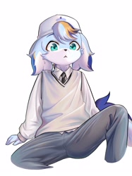 Size: 2466x3300 | Tagged: safe, artist:xiao langao, oc:xiao langao, canid, dog, mammal, anthro, boy, cub, male, solo boy, solo cub, solo male, young, digital, blue fur, blue hair, clothing, floppy ears, fur, green eyes, hat, kemono, kemoshota, orange fur, orange hair, solo, sweater vest, vest, white fur