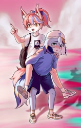 Size: 2032x3218 | Tagged: safe, artist:xiao langao, oc:xiao langao, canid, dog, mammal, anthro, boy, boys only, cub, male, males only, plantigrade, solo boy, solo cub, solo male, young, colored, digital, fully shaded, ball cap, blue fur, blue hair, blushing, clothing, fur, hat, orange fur, orange hair, shirt, shoes, socks, solo, white fur